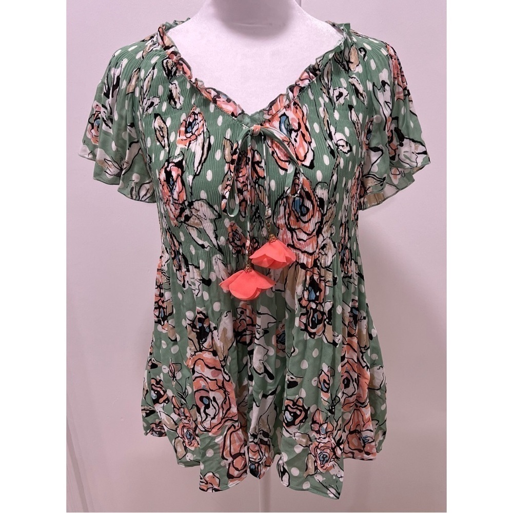 Melissa Paige Green Blouse with Pink Floral Print